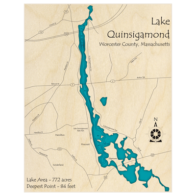 Bathymetric topo map of Lake Quinsigamond with roads, towns and depths noted in blue water