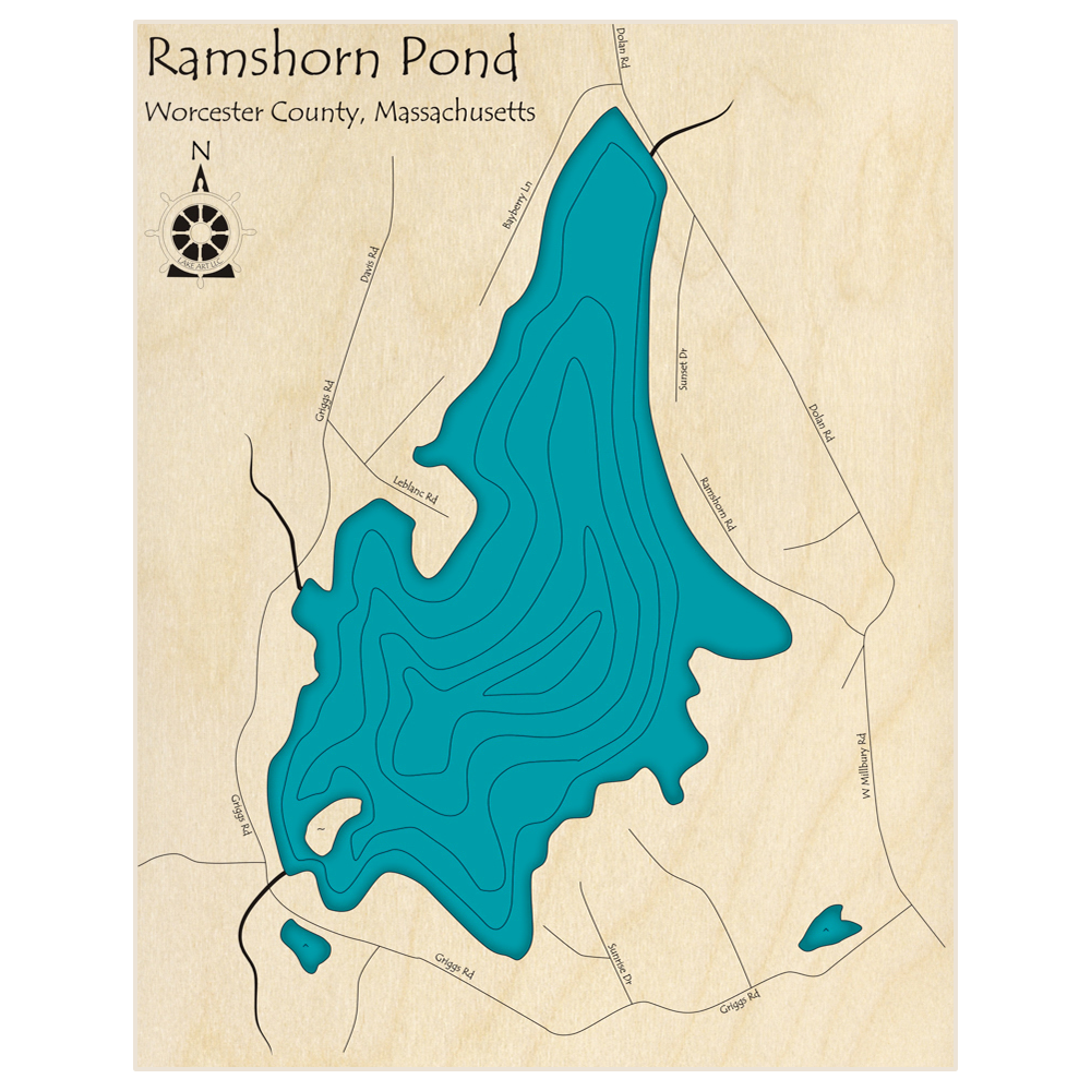 Bathymetric topo map of Ramshorn Pond  with roads, towns and depths noted in blue water