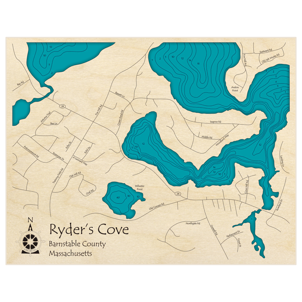 Bathymetric topo map of Ryders Cove with roads, towns and depths noted in blue water