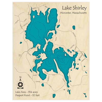 Bathymetric topo map of Lake Shirley with roads, towns and depths noted in blue water