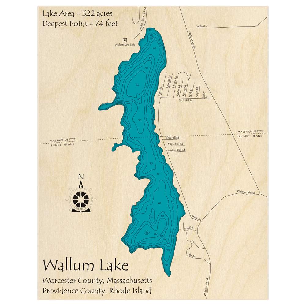 Bathymetric topo map of Wallum Lake with roads, towns and depths noted in blue water