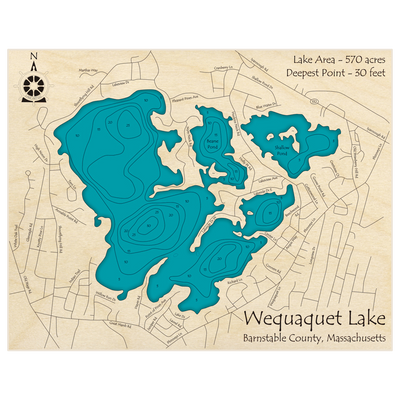 Bathymetric topo map of Wequaquet Lake with roads, towns and depths noted in blue water
