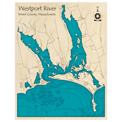 Bathymetric topo map of Westport River (east and west branch at Westport Harbor Area) with roads, towns and depths noted in blue water