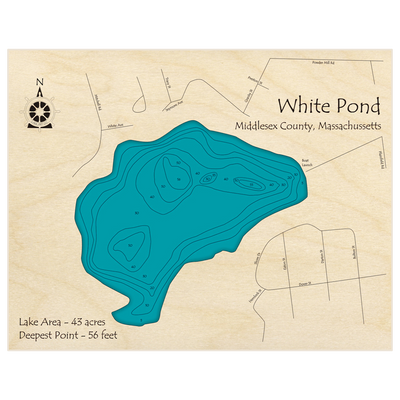 Bathymetric topo map of White Pond with roads, towns and depths noted in blue water