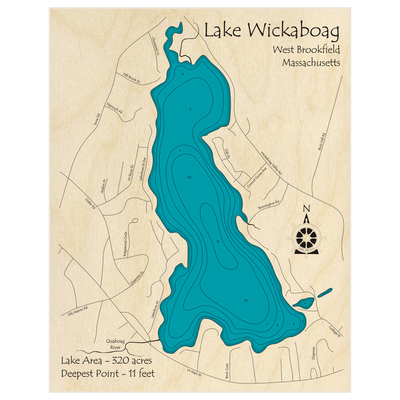 Bathymetric topo map of Wickaboag Pond with roads, towns and depths noted in blue water