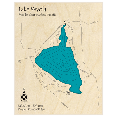 Bathymetric topo map of Lake Wyola with roads, towns and depths noted in blue water