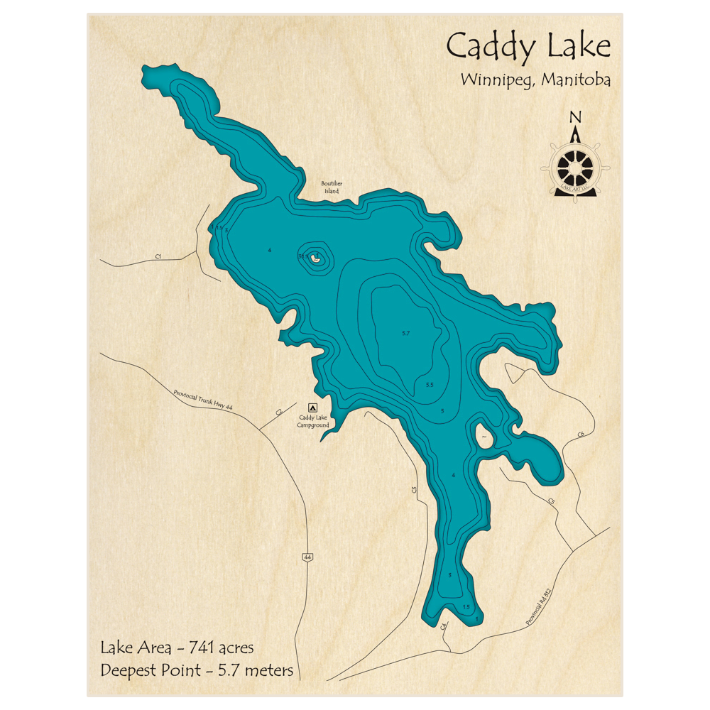 Bathymetric topo map of Caddy Lake with roads, towns and depths noted in blue water
