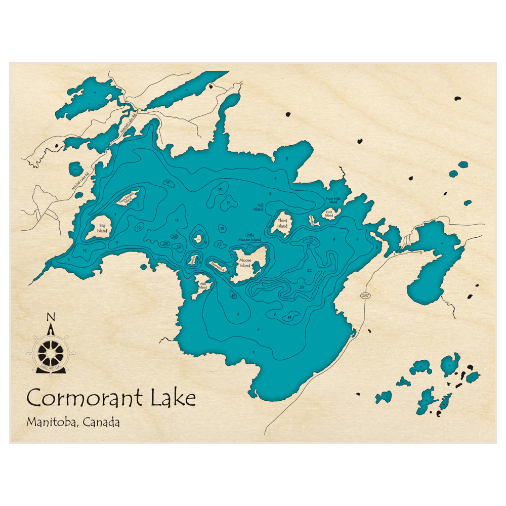 Bathymetric topo map of Cormorant Lake with roads, towns and depths noted in blue water