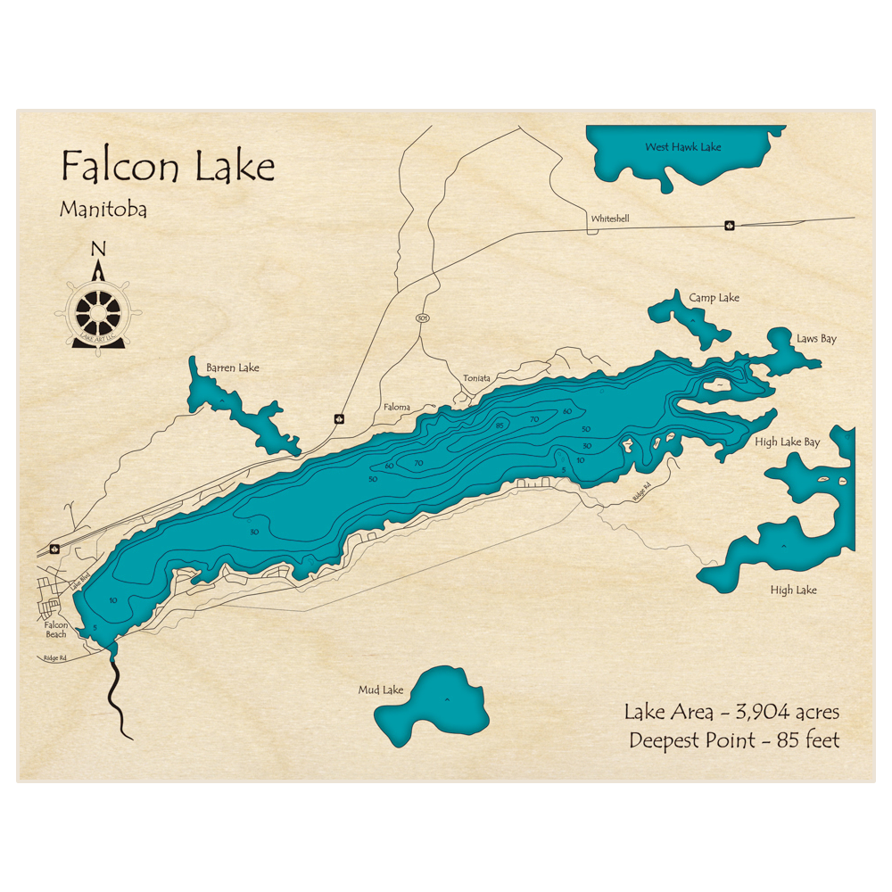Bathymetric topo map of Falcon Lake with roads, towns and depths noted in blue water