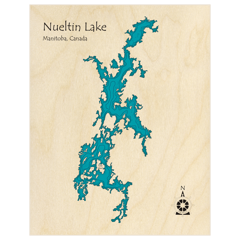 Bathymetric topo map of Nueltin Lake  with roads, towns and depths noted in blue water