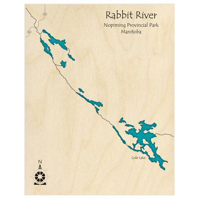 Bathymetric topo map of Rabbit River (near Cole Lake) with roads, towns and depths noted in blue water