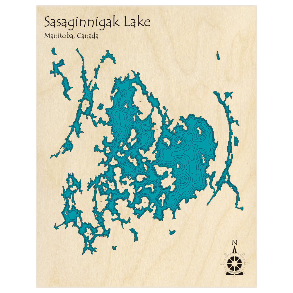 Bathymetric topo map of Sasaginnigak Lake with roads, towns and depths noted in blue water