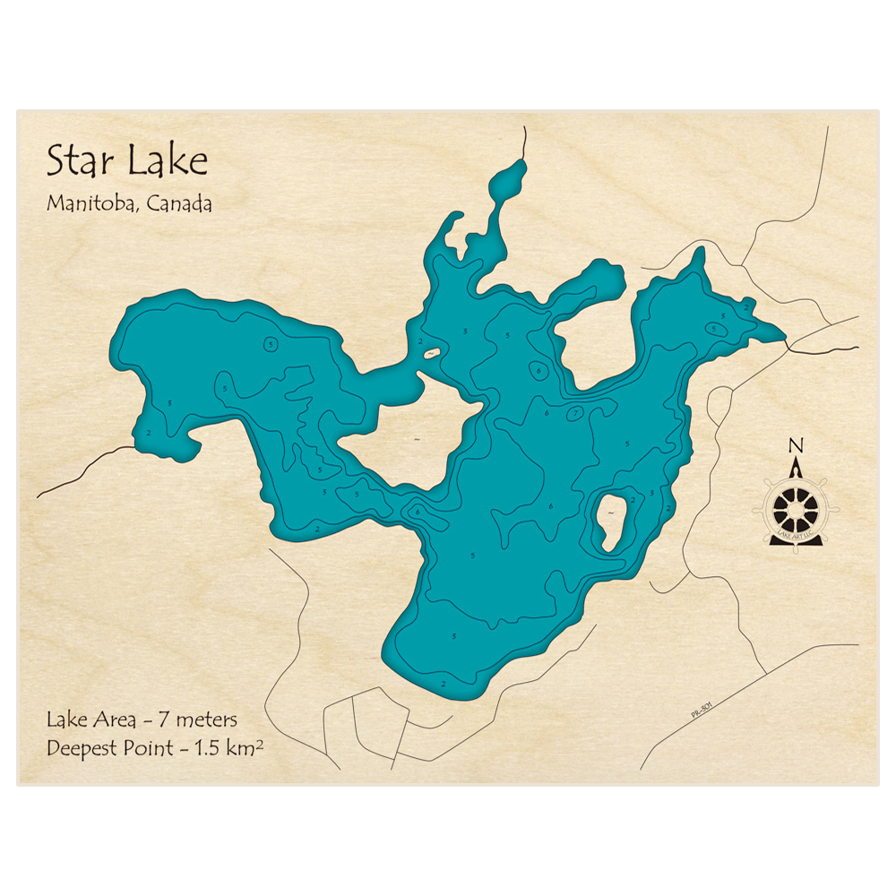 Bathymetric topo map of Star Lake with roads, towns and depths noted in blue water