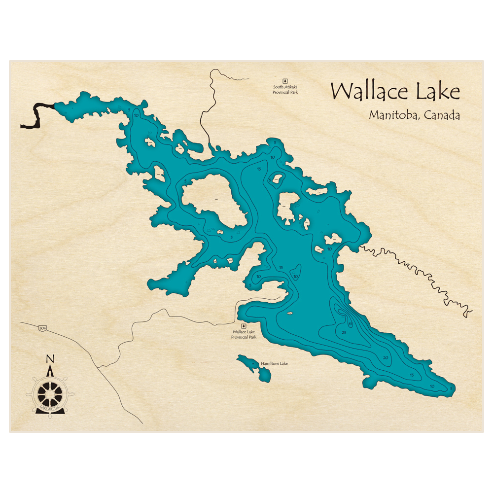 Bathymetric topo map of Wallace Lake with roads, towns and depths noted in blue water