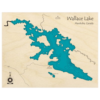 Bathymetric topo map of Wallace Lake with roads, towns and depths noted in blue water