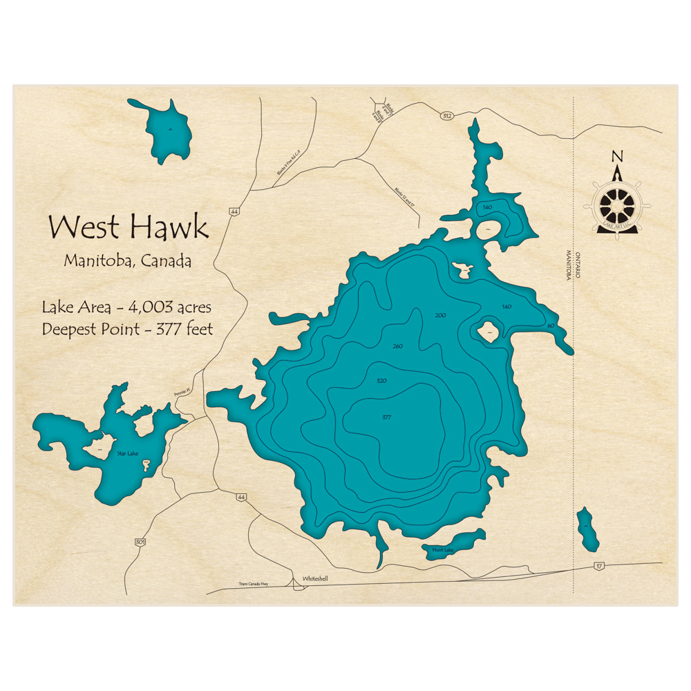 Bathymetric topo map of West Hawk Lake with roads, towns and depths noted in blue water