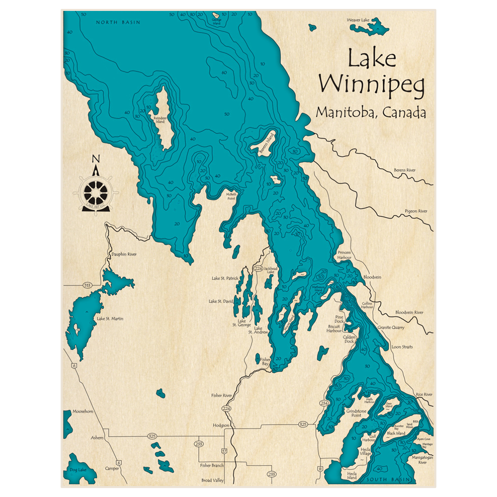 Bathymetric topo map of Lake Winnipeg (Zoomed in Reindeer Island to Black Island) with roads, towns and depths noted in blue water