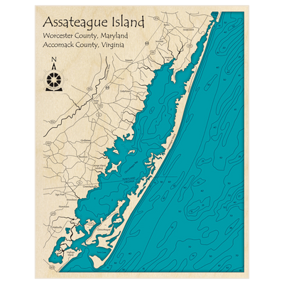 Bathymetric topo map of Assateague Island with roads, towns and depths noted in blue water