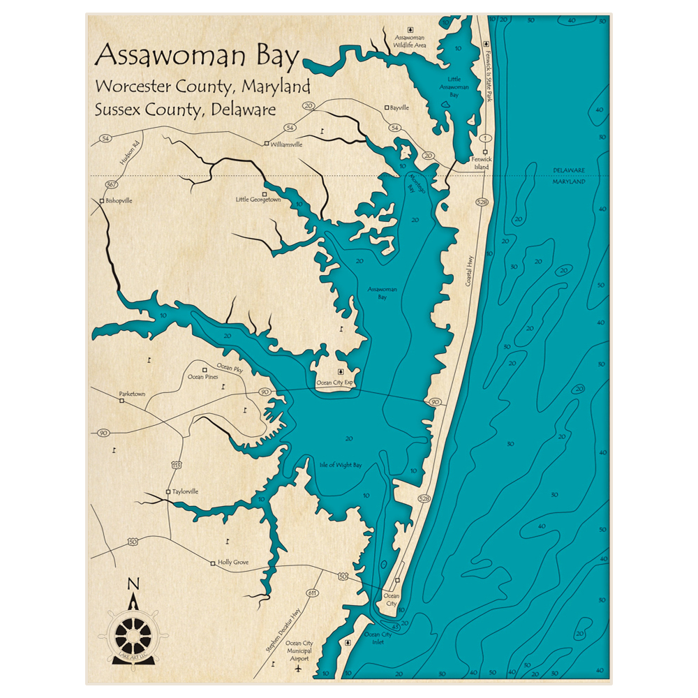Bathymetric topo map of Assawoman Bay with roads, towns and depths noted in blue water