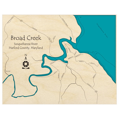 Bathymetric topo map of Broad Creek Area with roads, towns and depths noted in blue water