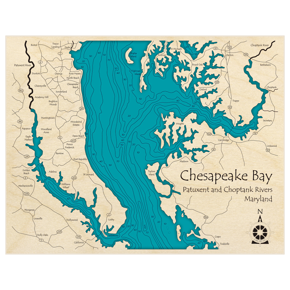 Bathymetric topo map of Chesapeake Bay (at Patuxent and Choptank Rivers) with roads, towns and depths noted in blue water