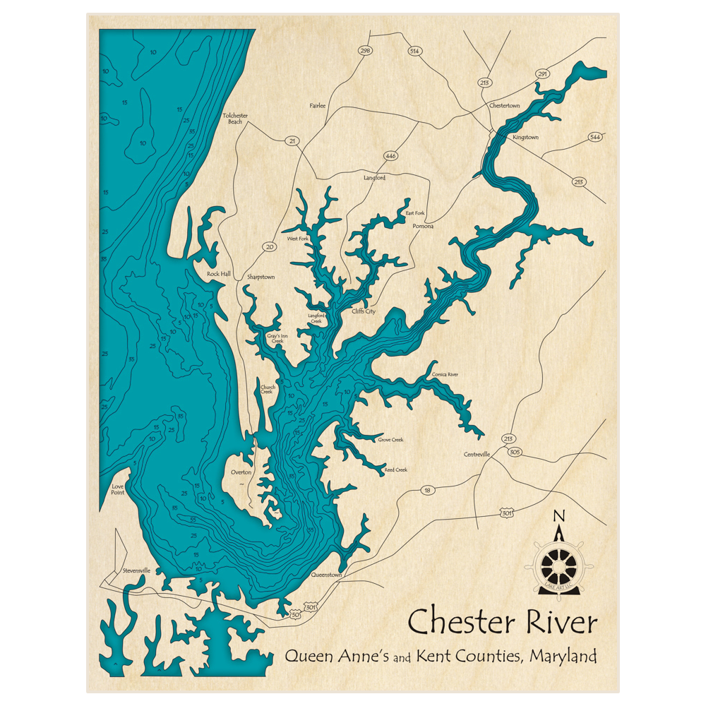 Bathymetric topo map of Chester River with roads, towns and depths noted in blue water