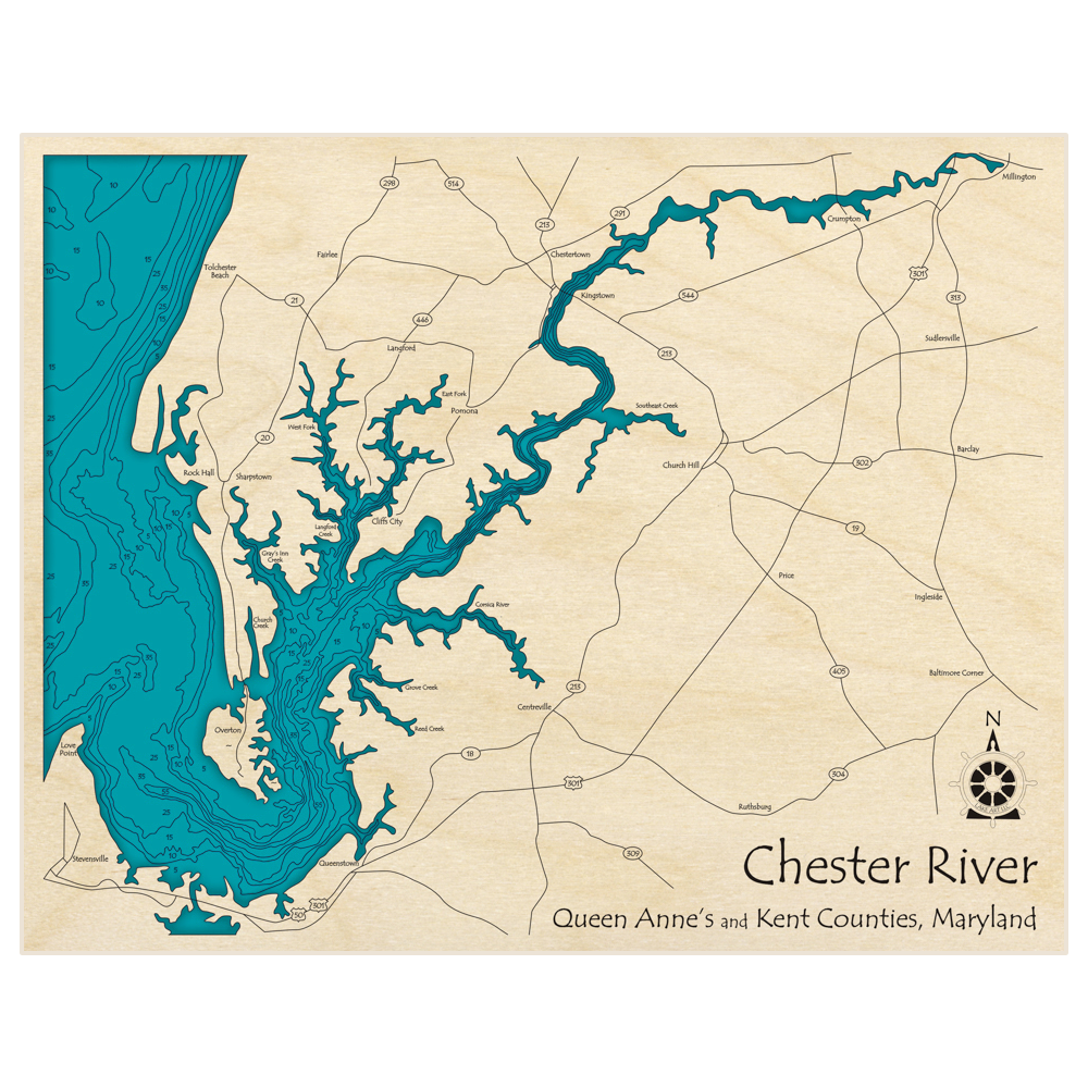 Bathymetric topo map of Chester River (Extended to Mullington) (LANDSCAPE) with roads, towns and depths noted in blue water