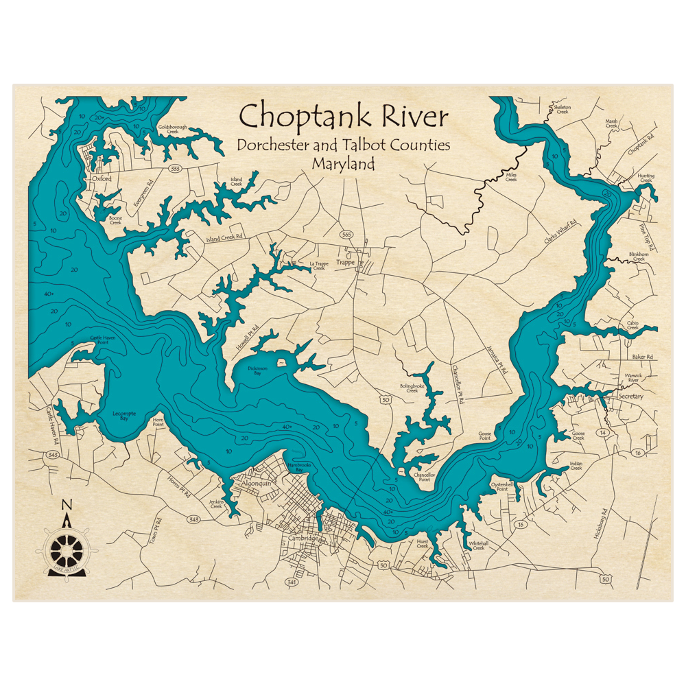 Bathymetric topo map of Choptank River (Oxford, Cambridge, Secretary) with roads, towns and depths noted in blue water