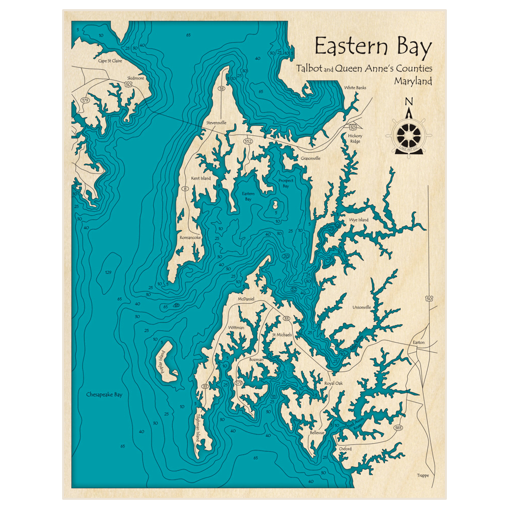 Bathymetric topo map of Eastern Bay with roads, towns and depths noted in blue water
