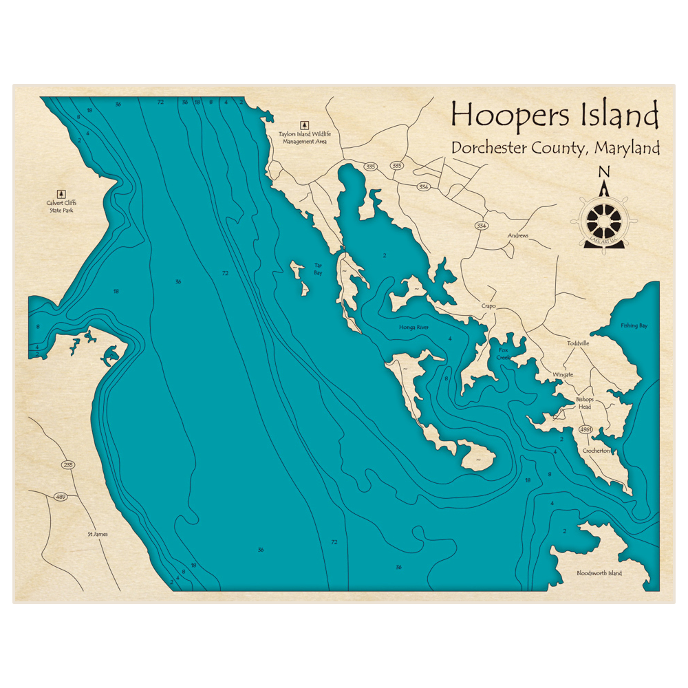 Bathymetric topo map of Hoopers Island (Extended Region) From Calvert Cliffs to Bloodsworth Island  with roads, towns and depths noted in blue water