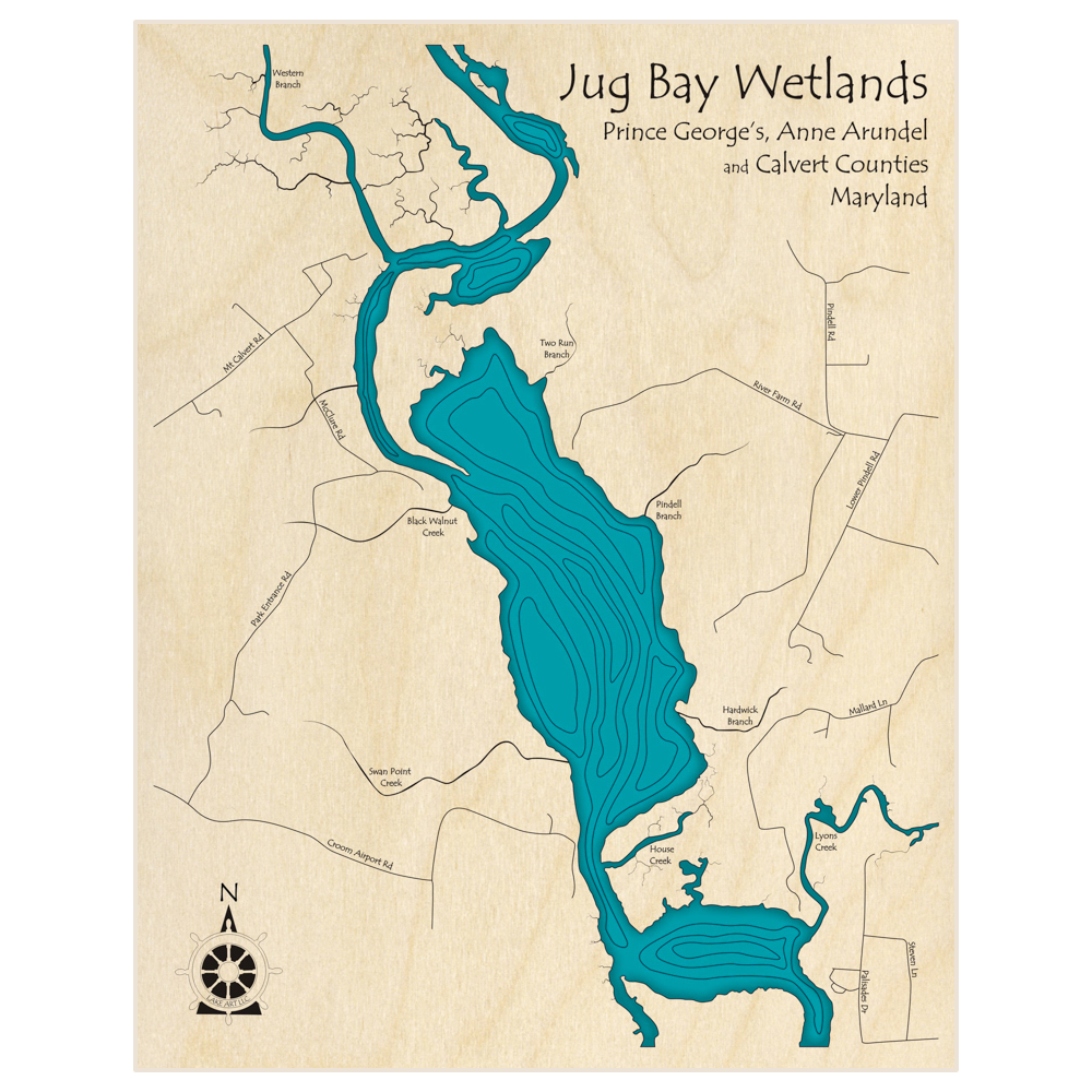 Bathymetric topo map of Jug Bay Wetlands  with roads, towns and depths noted in blue water
