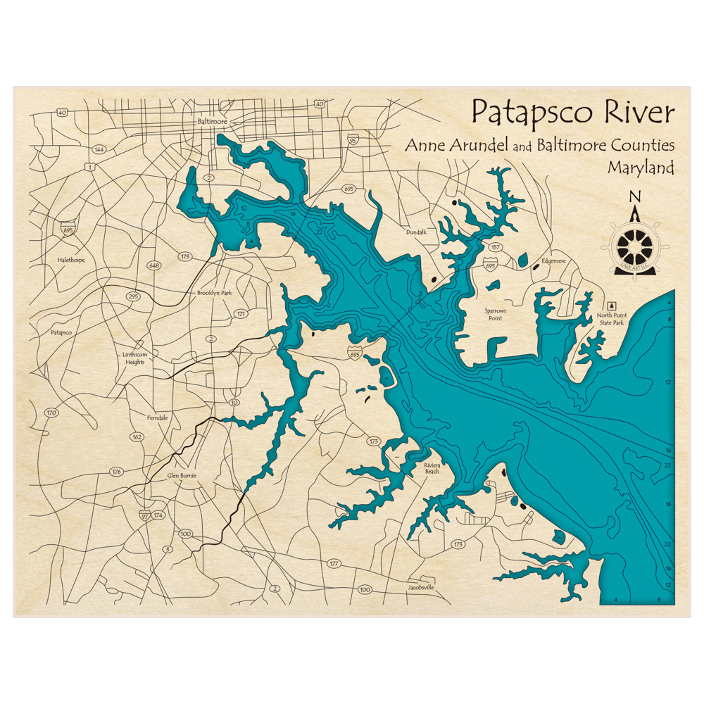 Bathymetric topo map of Patapasco River with roads, towns and depths noted in blue water