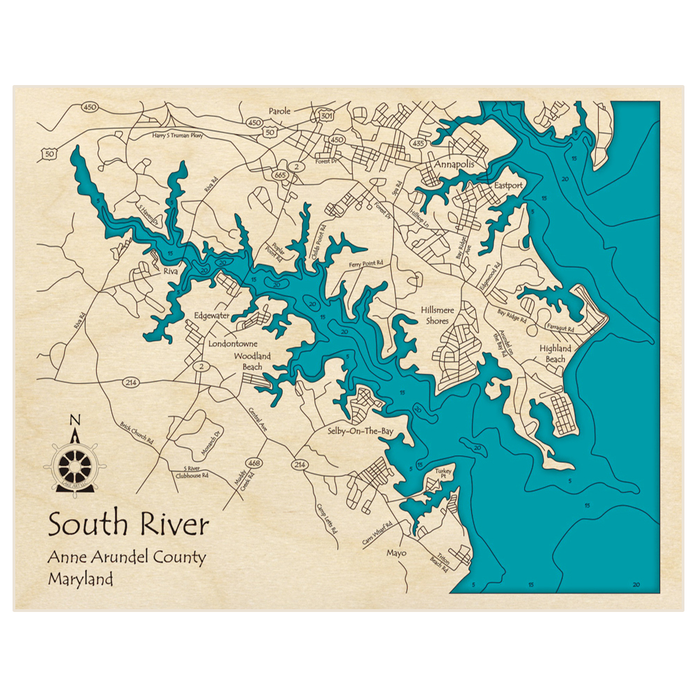 Bathymetric topo map of South River with roads, towns and depths noted in blue water