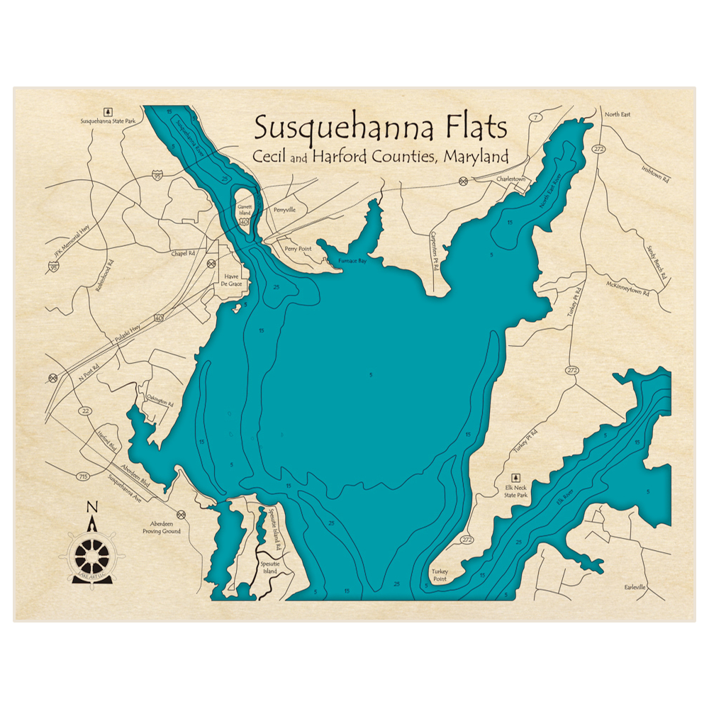 Bathymetric topo map of Susquehanna Flats with roads, towns and depths noted in blue water