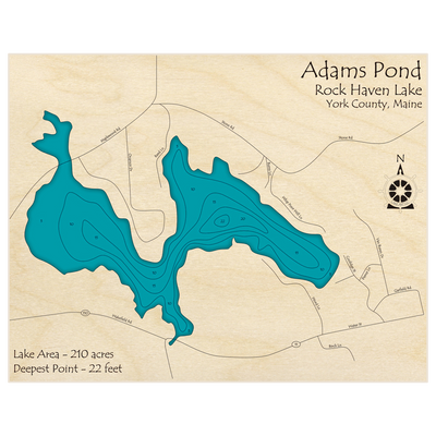 Bathymetric topo map of Adams Pond (Rock Haven Lake) with roads, towns and depths noted in blue water