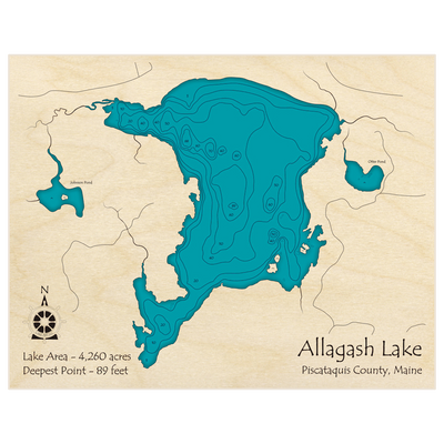 Bathymetric topo map of Allagash Lake with roads, towns and depths noted in blue water