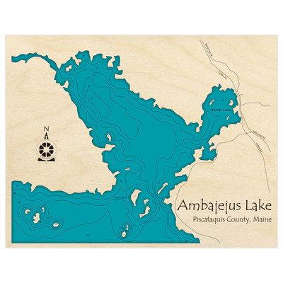 Bathymetric topo map of Ambajejus Lake with roads, towns and depths noted in blue water