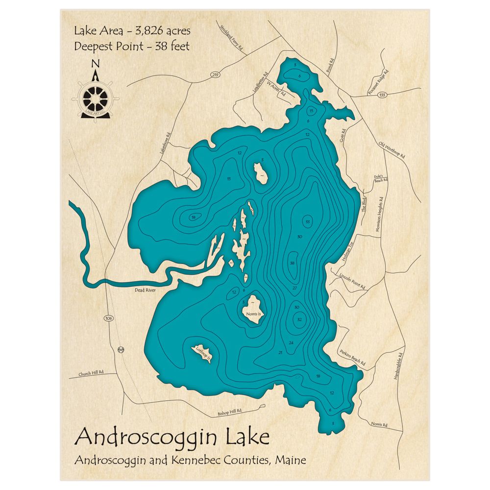Bathymetric topo map of Androscoggin Lake with roads, towns and depths noted in blue water