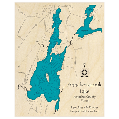 Bathymetric topo map of Annabessacook Lake with roads, towns and depths noted in blue water