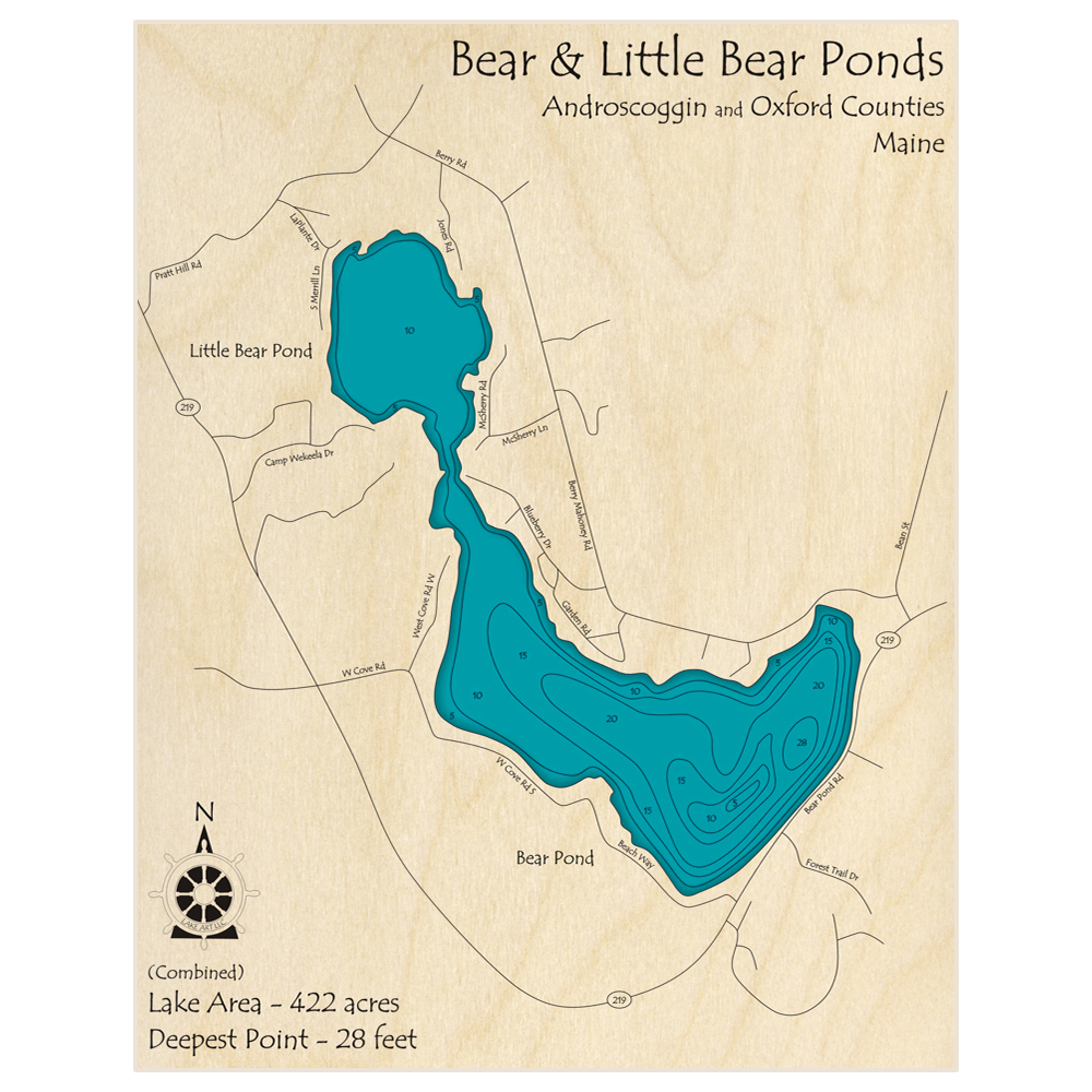 Bathymetric topo map of Bear Pond (With Little Bear Pond) with roads, towns and depths noted in blue water
