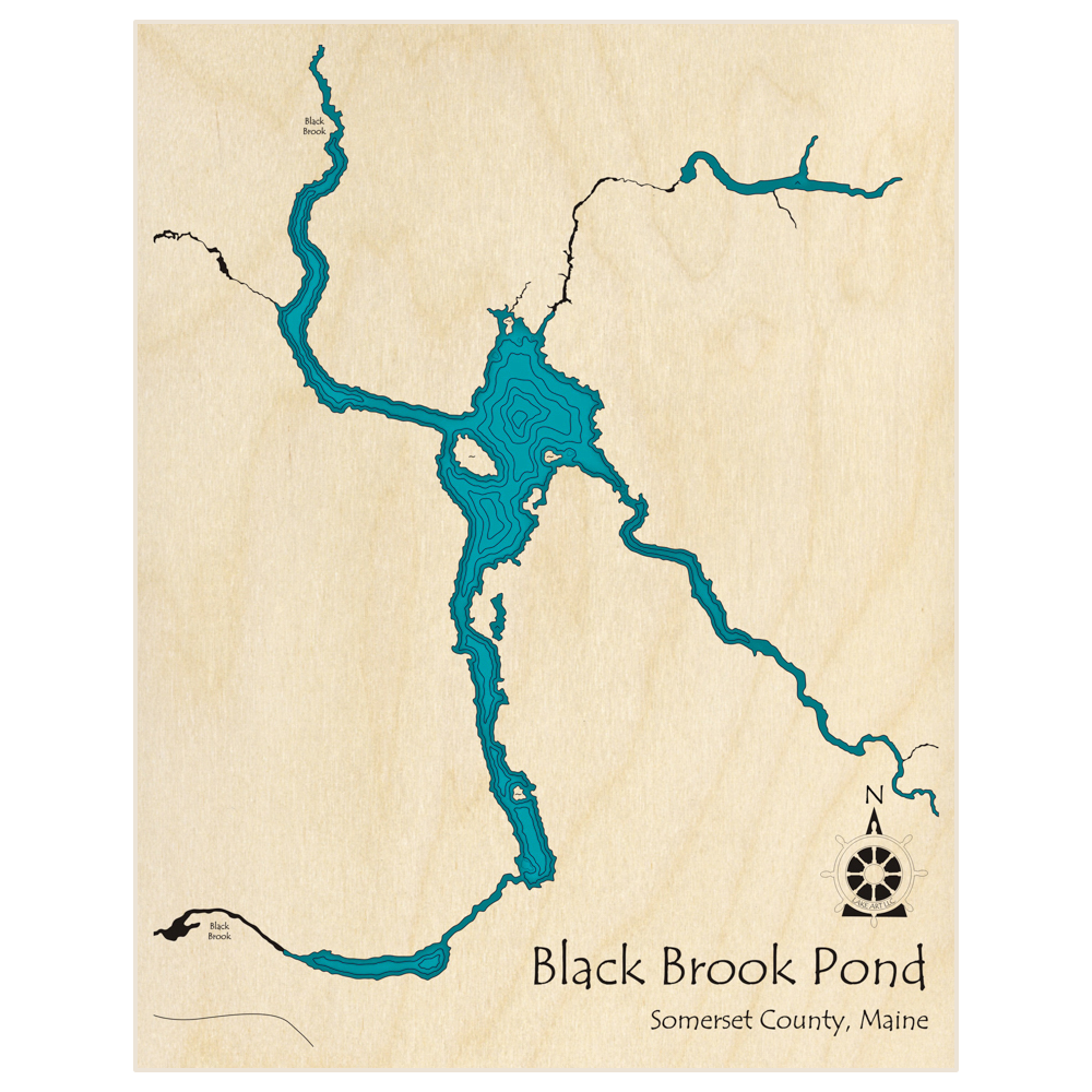 Bathymetric topo map of Black Brook Pond (NorthWEST)  with roads, towns and depths noted in blue water