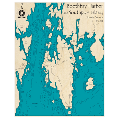 Bathymetric topo map of Boothbay Harbor and Southport Island with roads, towns and depths noted in blue water