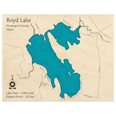 Bathymetric topo map of Boyd Lake with roads, towns and depths noted in blue water