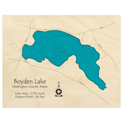 Bathymetric topo map of Boyden Lake with roads, towns and depths noted in blue water