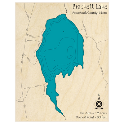 Bathymetric topo map of Brackett Lake with roads, towns and depths noted in blue water