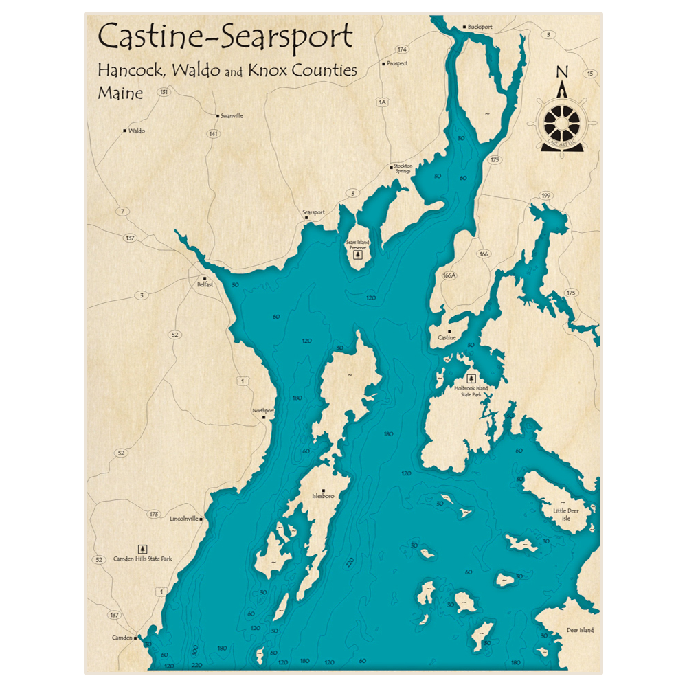 Bathymetric topo map of Castine and Searsport Region with roads, towns and depths noted in blue water