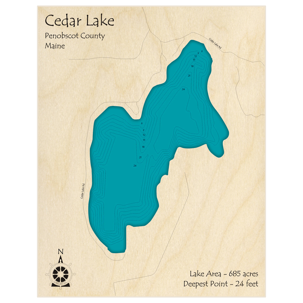 Bathymetric topo map of Cedar Lake with roads, towns and depths noted in blue water