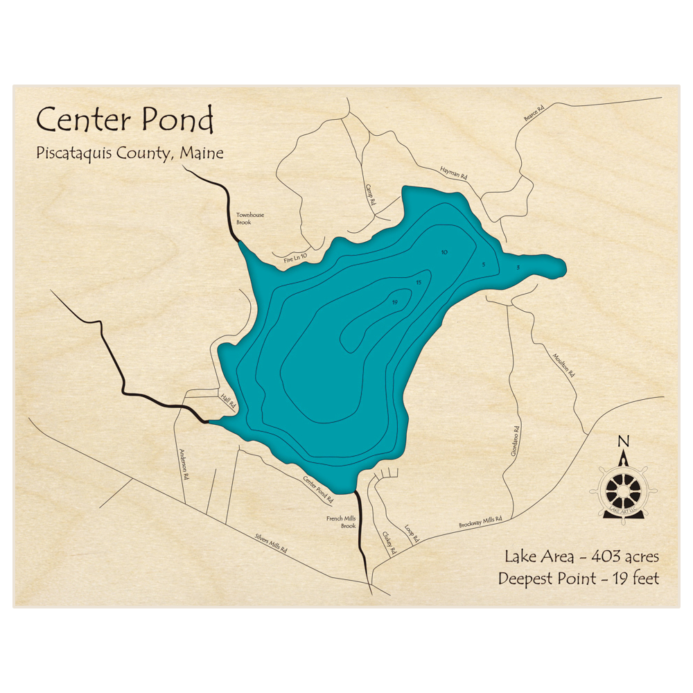 Bathymetric topo map of Center Pond with roads, towns and depths noted in blue water