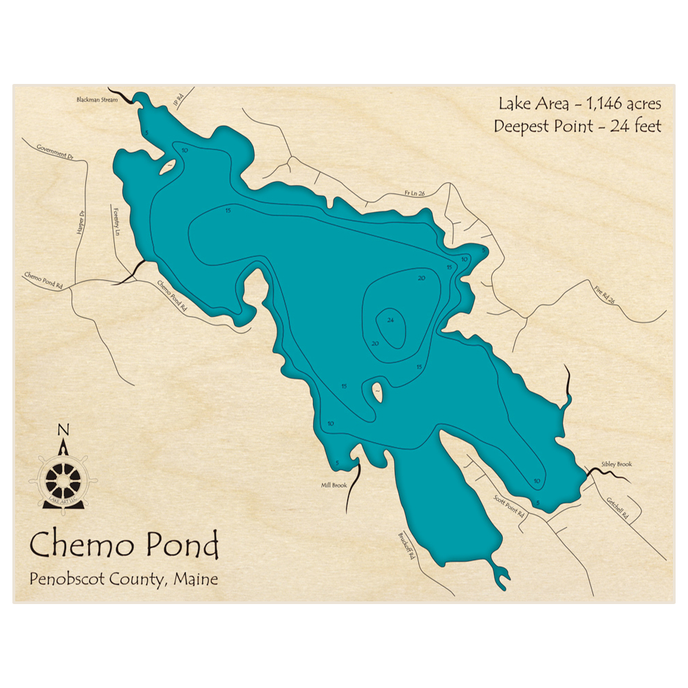 Bathymetric topo map of Chemo Pond with roads, towns and depths noted in blue water