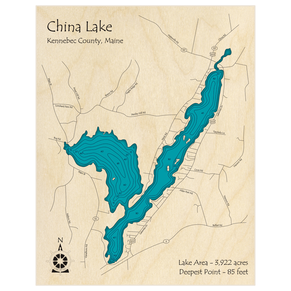 Bathymetric topo map of China Lake with roads, towns and depths noted in blue water